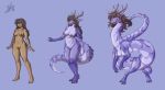  2018 anthro blue_background breasts brown_hair dragon eastern_dragon female hair happy horn human human_to_anthro long_hair looking_at_viewer mammal navel nipples nude open_mouth pubes pussy sequence simple_background smile solo standing tail_growth thatweirdguyjosh transformation 