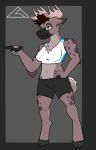  antlers black_hooves blue_eyes brown_hair carrus cervine clothed clothing eyebrows female fur grey_fur hair horn mammal purple_spots shirt short_tail shorts simple_background spots stripes tank_top tipped_ears tuft white_stripes 