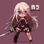  android arms_at_sides bare_shoulders black_gloves black_legwear blue_eyes character_name chibi elbow_gloves emphasis_lines eyelashes full_body gloves hair_between_eyes highres holding holding_sword holding_weapon katana legs_apart long_hair looking_at_viewer mole mole_under_mouth nier_(series) nier_automata no_nose purple_background robot_joints silver_hair simple_background single_thighhigh solo straight_hair sunagimo_(nagimo) sword thighhighs twitter_username very_long_hair weapon yorha_type_a_no._2 
