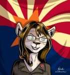  2018 arizona_flag badge brown_eyes brown_hair bust_portrait clothed clothing eyewear feline female flag flag_background fur glasses hair kelly_townsend lion mammal politics portrait signature smile solo southparktaoist whiskers yellow_sclera 