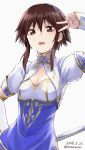  arm_up bangs breasts brown_eyes brown_hair chai_xianghua cleavage dated eyebrows_visible_through_hair hair_between_eyes holding holding_sword holding_weapon looking_at_viewer open_mouth short_hair_with_long_locks simple_background small_breasts smile solo soulcalibur soulcalibur_vi sword tea_(nakenashi) twitter_username v weapon white_background 