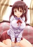  bangs between_legs blush breasts brown_eyes brown_hair collared_shirt commentary_request curtains day ebina_nana eyebrows_visible_through_hair fingernails hair_between_eyes hand_between_legs highres himouto!_umaru-chan indoors large_breasts long_sleeves looking_at_viewer neck_ribbon one_side_up open_mouth pleated_skirt red_ribbon red_skirt ribbon shirt sitting skirt solo sparkle sunlight tears transparent wariza white_shirt window zenon_(for_achieve) 