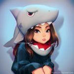  animal_hat brown_hair child commentary face grey_eyes hat lips long_hair looking_at_viewer nose nudtawut_thongmai original shark_costume sitting solo watermark web_address 