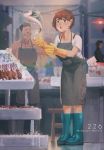  1girl apron artist_name boots brown_hair chinese_commentary commentary_request dated fish fish_market gloves hair_ornament hands_on_hips highres laughing market octopus_hair_ornament original rubber_boots rubber_gloves shirt short_hair standing surprised t-shirt wudi_sao_nian 