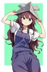  blue_eyes border brown_hair commentary_request cowboy_shot hands_on_headwear ichinose_shiki idolmaster idolmaster_cinderella_girls long_hair outside_border overalls paper_hat paper_kabuto shirt short_sleeves simple_background smile suspenders unmoving_pattern wavy_hair white_border white_shirt youtike 