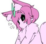  alternate_form anthro black_nose black_sclera blush cat cheek_tuft chest_tuft digital_media_(artwork) docu_(divide) doppel ear_tuft feline fur green_eyes hair looking_at_viewer male mammal monster_boy nude pink_fur pink_hair side_view simple_background surprise teal_eyes tuft white_background 