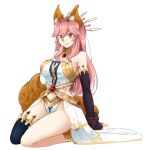  animal_ears bare_shoulders blush breasts carrot-kun cleavage cosplay crown earrings fate/grand_order fate_(series) fox_ears fox_tail full_body ishtar_(fate/grand_order) ishtar_(fate/grand_order)_(cosplay) jewelry large_breasts long_hair looking_at_viewer pink_hair smile solo tail tamamo_(fate)_(all) tamamo_no_mae_(fate) thighhighs transparent_background yellow_eyes 