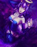  1girl alice_(bendy_and_the_ink_machine) bendy_and_the_ink_machine black_hair breasts cleavage detached_sleeves gloves halo hips horns ink long_hair pink_eyes purple_lips solo thighhighs 
