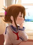  anchor_symbol arm_support bangs blush broken_window brown_eyes brown_hair chair chin_rest classroom commentary_request crack desk eyebrows_visible_through_hair folded_ponytail from_side hair_behind_ear hair_ornament hairclip highres igarasy inazuma_(kantai_collection) indoors kantai_collection long_hair long_sleeves looking_away looking_out_window neckerchief necktie open_mouth profile red_neckwear sailor_collar school_desk school_uniform serafuku sitting solo window 