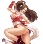  arm_behind_back arm_up ass bare_shoulders breasts brown_eyes brown_hair cleavage closed_fan collarbone commentary_request cowboy_shot dress fan fatal_fury folding_fan hair_tie head_tilt high_ponytail japanese_clothes large_breasts leg_up legs long_hair looking_at_viewer looking_to_the_side ninja number open_mouth pelvic_curtain ponytail revealing_clothes rope shiranui_mai shu-mai simple_background sleeveless sleeveless_dress smile solo standing standing_on_one_leg tabi the_king_of_fighters thighs turning_head twisted_torso upper_teeth white_background wrist_guards 