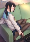  bangs black_hair black_legwear blush brown_eyes commentary_request couch feet from_side highres indoors kyuuso_inukami loafers long_hair looking_at_viewer low_twintails no_shoes nose_blush on_couch original pantyhose parted_lips school_uniform serafuku shoes shoes_removed sidelocks sitting soles solo sweater thighs toes tsurime twintails 