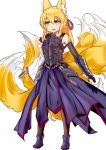  1girl alternate_costume animal_ears armor blonde_hair boots fan fang gauntlet kitsune long_hair mon-musu_quest! monster_girl nine_tails skirt tail tails tamamo_(mon-musu_quest!) 