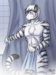  2018 abs anthro bathroom black_hair blue_eyes chest_tuft clothed clothing feline fur hair harry_campbell heresy_(artist) male mammal multicolored_hair partially_clothed shower solo stripes tiger tuft two_tone_hair white_fur white_hair 