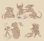 claws clothing coin cup dialogue drunk english_text female flamespitter horn kobold lizard male nude pussy reptile scalie simple_background text 