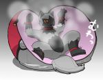  anthro bdsm bondage bound canine clothed clothing collar costume digital_drawing_(artwork) digital_media_(artwork) fur gradient_background japanese_text lock male mammal mk_wnwnw nintendo pok&eacute;ball pok&eacute;mon pok&eacute;mon_(species) poochyena red_collar red_iris simple_background solo text video_games white_pupil yellow_sclera 