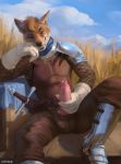  2018 anthro armor brown_fur bulge canine chunie clothed clothing cloud detailed_background digital_media_(artwork) erection ethiopian_wolf fur glans gloves hair hi_res holding_penis leather leather_armor looking_at_viewer male mammal masturbation melee_weapon mountain neckerchief orange_eyes outside penile_masturbation penis poking_out retracted_foreskin sitting sky smile solo sword teeth uncut weapon white_fur wolf 