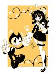  1boy 1girl alice_(bendy_and_the_ink_machine) bendy bendy_and_the_ink_machine black_hair black_lips breasts detached_sleeves gloves halo high_heels hips horns long_hair wink 
