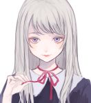  choker closed_mouth dress grey_hair hand_up highres light_smile long_hair looking_at_viewer neck_ribbon original p2_(uxjzz) purple_dress purple_eyes red_neckwear red_ribbon ribbon ribbon_choker simple_background smile solo upper_body white_background 