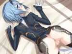  1girl anus ass bed blue_eyes blue_hair blush bottomless gloves horns hou_(hachiyou) io_(pso2) long_sleeves looking_at_viewer looking_back panty_pull phantasy_star_online phantasy_star_online_2 pussy sheet_grab shirt short_hair solo tattoo uncensored 