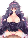  1girl ahoge al_bhed_eyes banette blush breasts breasts_outside censored commentary_request dress dress_lift heart heart_censor hetero hex_maniac_(pokemon) large_breasts long_hair looking_at_viewer nail_polish nipples no_panties pokemon pokemon_(game) pokemon_xy pov_crotch purple_dress purple_eyes purple_hair purple_nails pussy putimaxi sex smile solo_focus thighhighs vaginal very_long_hair 