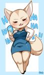  2018 aggressive_retsuko anthro breasts canine cellphone clothed clothing digital_media_(artwork) dress english_text eyebrows eyes_closed female fennec fenneko footwear fox hand_on_hip holding_object holding_phone laugh lightsource mammal open_mouth phone sanrio shoes short_stack simple_background smile solo standing text tight_clothing wide_hips 