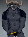  2018 bgn bovine buffalo bulge chief_bogo clothing disney eyewear horn jewelry looking_at_viewer male mammal muscular muscular_male necklace penis penis_base police seductive smile solo sunglasses underwear undressing zootopia 