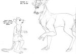  ambiguous_gender anthro antlers arania breasts cervine clothing dialogue ear_piercing english_text facial_piercing female feral hair horn keith_(tcitw) mammal nipples nose_piercing piercing piper_(tcitw) rat rodent shirt size_difference tank_top text the_cabin_in_the_woods_(arania) whiskers 