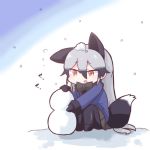  animal_ears bow bowtie commentary flying_sweatdrops fox_ears fox_tail fur_trim gloves grey_hair kemono_friends long_hair long_sleeves mahe_(hammerdskd) multicolored_hair necktie open_mouth pantyhose pleated_skirt silver_fox_(kemono_friends) sitting skirt snow snow_on_head snowman solo tail yellow_eyes 