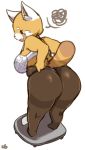  2018 aggressive_retsuko annoyed anthro big_butt bra breasts butt butt_focus clothing digital_media_(artwork) female lace leaning leaning_forward lightsource mammal open_mouth panties panty_pull red_panda retsuko sanrio short_stack simple_background slightly_chubby solo standing surprise thong underwear weighing_scale 
