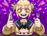  1girl bangs blonde_hair blunt_bangs blush blush_stickers boku_no_hero_academia cake candle cardigan commentary_request crazy_smile double_bun drooling fangs food fork freckles green_hair hair_bun heart knife midoriya_izuku monotsuki purple_background sailor_collar school_uniform serafuku short_twintails simple_background slit_pupils smile teeth toga_himiko twintails yellow_eyes 