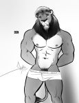  2018 bgn bulge clothing feline greyscale lion male mammal monochrome muscular muscular_male simple_background solo underwear white_background 