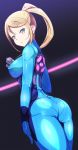  ass blonde_hair blue_bodysuit bodysuit breasts commentary_request covered_nipples danpu dutch_angle from_behind green_eyes gun handgun high_ponytail highres holding holding_gun holding_weapon legs_together looking_at_viewer looking_back medium_breasts metroid mole mole_under_mouth parted_lips ponytail samus_aran shiny shiny_clothes shiny_hair shiny_skin skin_tight solo standing weapon zero_suit 