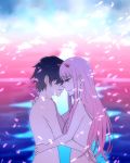  1girl black_hair breasts commentary_request consoling couple crying darling_in_the_franxx green_eyes hetero hiro_(darling_in_the_franxx) horns hug long_hair mukkun696 nude oni_horns pink_hair red_horns tears zero_two_(darling_in_the_franxx) 