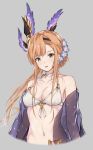  adore_(adoredesu) bangs bare_shoulders bikini braid breasts brown_eyes brown_hair choker cleavage collarbone commentary_request flower french_braid granblue_fantasy grey_background hair_flower hair_ornament head_wings long_hair looking_at_viewer medium_breasts navel sidelocks simple_background smile solo song_(granblue_fantasy) swimsuit white_bikini 