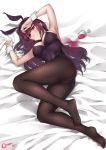  absurdres animal_ears black_legwear blush breasts bunny_ears bunny_girl bunnysuit commentary_request cup drinking_glass fate/grand_order fate_(series) full_body gins highres honeycomb_(pattern) large_breasts leotard long_hair lying no_shoes on_side pantyhose purple_hair purple_leotard red_eyes scathach_(fate)_(all) scathach_(fate/grand_order) signature smile solo wine_glass wrist_cuffs 