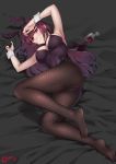  absurdres animal_ears black_legwear blush breasts bunny_ears bunny_girl bunnysuit cup drinking_glass fate/grand_order fate_(series) full_body gins highres honeycomb_(pattern) large_breasts leotard long_hair lying no_shoes on_side pantyhose purple_hair purple_leotard red_eyes scathach_(fate)_(all) scathach_(fate/grand_order) signature smile solo wine_glass wrist_cuffs 