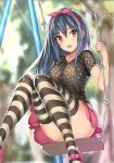  :d alternate_costume bangs black_shirt blue_hair blurry blurry_background blush bow breasts collarbone commentary_request day depth_of_field eyebrows_visible_through_hair hair_between_eyes hair_ribbon hand_up hinanawi_tenshi holding kureha_(ironika) long_hair looking_at_viewer mary_janes medium_breasts open_mouth outdoors panties pink_bow pink_footwear pink_ribbon pink_skirt polka_dot polka_dot_shirt red_eyes ribbon shirt shoes short_sleeves sitting skirt smile solo striped striped_legwear sunlight swing thighhighs touhou underwear white_panties 