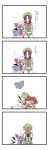  4koma bangs bat_wings blue_eyes blue_hair book comic commentary_request covering_face dress flapping green_hat hat hibino_nozomu highres holding holding_book hong_meiling kiss long_hair medium_hair multiple_girls open_book parted_bangs pink_dress pink_hat puffy_short_sleeves puffy_sleeves reading red_eyes red_hair remilia_scarlet short_sleeves star touhou translated white_background wings wrist_cuffs yuri 