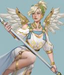  alternate_costume blonde_hair blue_background blue_eyes breasts cleavage eyeshadow feathered_wings gorget head_wreath laurel_crown lips makeup mechanical_wings medium_breasts mercy_(overwatch) mistermagnolia nose overwatch solo staff winged_victory_mercy wings 