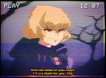  background blonde_hair clementine_(overlord) overlord_(maruyama) red_eyes subtitled vhs_artifacts 