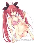  ahoge arm_support barefoot bikini black_ribbon breasts cleavage collarbone date_a_live eyebrows_visible_through_hair frilled_bikini frills hair_between_eyes hair_ribbon hibiki_mio holding_lollipop itsuka_kotori long_hair looking_at_viewer pink_bikini red_eyes red_hair ribbon side-tie_bikini sideboob simple_background sitting small_breasts solo swimsuit twintails very_long_hair white_background white_ribbon 