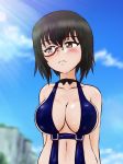  absurdres black_hair blush breasts brown_eyes collarbone day girls_und_panzer highres kawashima_momo large_breasts monocle sky solo swimsuit wee259hiyama 