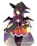  black_hair black_hat black_legwear black_wings cowboy_shot date_a_live frilled_skirt frills hair_over_one_eye hair_ribbon halloween halloween_costume hat hibiki_mio holding_lantern lantern long_hair looking_at_viewer miniskirt neck_ribbon orange_skirt pantyhose pink_ribbon pleated_skirt purple_cloak red_eyes red_ribbon ribbon simple_background skirt smile solo standing tokisaki_kurumi twintails very_long_hair white_background wings witch_hat wrist_cuffs 