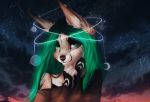  2018 alenkavoxis anthro black_nose canine clothed clothing detailed_background digital_media_(artwork) female green_eyes green_hair hair mammal night outside sky solo star starry_sky 