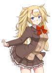  alternate_costume beige_sweater blonde_hair blue_eyes blush bow breasts brown_dress brown_jacket collared_shirt commentary cosplay cowboy_shot dress gambier_bay_(kantai_collection) hairband highres jacket kantai_collection kirigakure_(kirigakure_tantei_jimusho) kumano_(kantai_collection) kumano_(kantai_collection)_(cosplay) large_breasts open_mouth red_bow remodel_(kantai_collection) shirt twintails white_background white_frills 