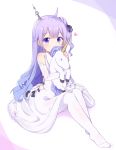  absurdres ahoge azur_lane bare_shoulders black_bow black_ribbon blush bow commentary dress elbow_gloves gloves hair_bun hair_ribbon heart highres long_hair looking_at_viewer noven pantyhose purple_eyes purple_hair ribbon sitting solo stuffed_unicorn unicorn_(azur_lane) white_background white_dress white_gloves white_legwear 