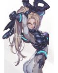  armor arms_up ass blonde_hair blue_eyes bodysuit breasts goggles goggles_on_head gun holding holding_gun holding_weapon jet_kimchrea large_breasts long_hair neon_trim nova_(starcraft) ponytail rifle solo starcraft terran_ghost watermark weapon 