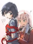  1girl black_hair blue_eyes blush bound clueless commentary_request couple darling_in_the_franxx green_eyes hair_ornament hairband herozu_(xxhrd) hiro_(darling_in_the_franxx) horns long_hair looking_back military military_uniform necktie oni_horns orange_neckwear pink_hair red_horns shibari sweat tied_up tongue tongue_out translated uniform white_hairband zero_two_(darling_in_the_franxx) 