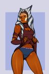  1girl absurdres ahsoka_tano alien armband blue_eyes blue_hair blue_panties bow bow_panties breasts cleavage cleavage_cutout cowboy_shot detached_sleeves dress facial_tattoo gluteal_fold hair_over_shoulder half-closed_eyes highres izra lips medium_breasts multicolored_hair navel nose orange_skin panties purple purple_dress short_dress standing star_wars star_wars:_the_clone_wars tattoo tentacle_hair thighs togruta two-tone_hair underwear white_hair 