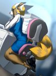  2018 5_fingers aggressive_retsuko anthro black_nose brown_fur chair clothed clothing detailed_background digital_media_(artwork) female fluffy fluffy_tail footwear fur long_tail mammal red_panda retsuko sanrio shoes sitting smile solo xenoda 